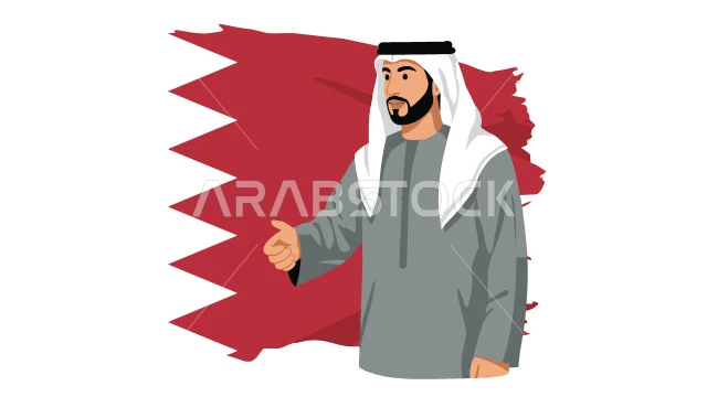 خلفية علم دولة قطر، رجل أعمال عربي خليجي قطري يرتدي الزي التقليدي يرفع اصبع الابهام لاعلى بتعابير الاعجاب والقبول، مفهوم الرجولة والاهتمام بالمظهر الخارجي،  فيكتور اليستريتور