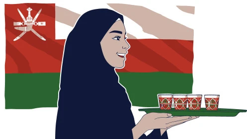 احتساء المشروب الساخن والأعشاب الشتوية الدافئة، امرأة عربية خليجية سعودية محجبة ترتدي العباءة تقوم بشرب الشاي, خلفية بيضاء مع علم سلطنة عمان، فيكتور اليستريتور