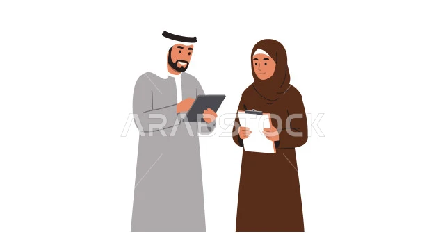 التفاهم والتعاون لتحقيق أهداف الشركة، بيئة العمل المريحة في الشركات الاماراتية، الحوار و النقاش بين الزملاء، تبادل الخبرات والمعلومات لتحقيق الاهداف, موظفان عربيان خليجيان اماراتيان يقفان داخل مقر الشركة، خلفية بيضاء،  فيكتور اليستريتور