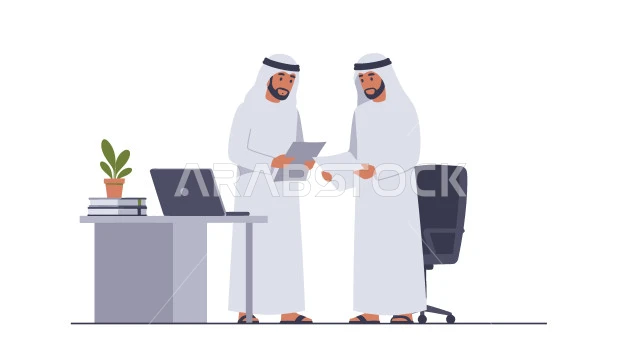 التفاهم والتعاون لتحقيق أهداف الشركة، بيئة العمل المريحة في الشركات الاماراتية، الحوار و النقاش بين الزملاء، تبادل الخبرات والمعلومات لتحقيق الاهداف, موظفان عربيان خليجيان اماراتيان يقفان داخل مقر الشركة، خلفية بيضاء،  فيكتور اليستريتور