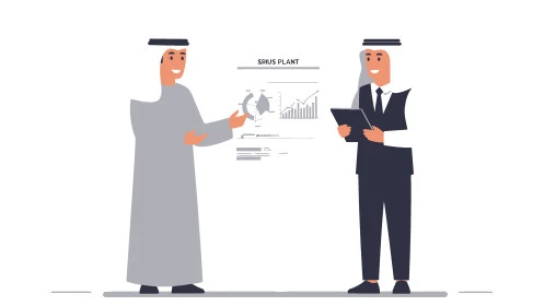 Understanding and cooperation to achieve company goals, comfortable work environment in UAE companies, dialogue and discussion between colleagues, exchange of experiences and information to achieve goals, two Emirati Gulf Arab employees standing inside the company headquarters, white background, vector illustrator