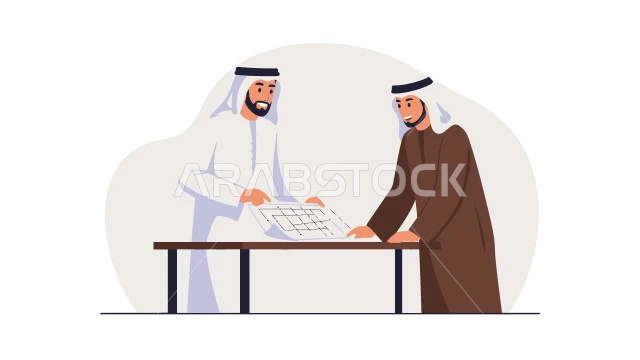 التفاهم والتعاون لتحقيق أهداف الشركة، بيئة العمل المريحة في الشركات الاماراتية، الحوار و النقاش بين الزملاء، تبادل الخبرات والمعلومات لتحقيق الاهداف, موظفان عربيان خليجيان اماراتيان يقفان داخل مقر الشركة، خلفية بيضاء،  فيكتور اليستريتور