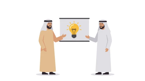 استخدام السبورة  لتوضيح الأفكار، بيئة العمل المريحة في الشركات الاماراتية، الحوار و النقاش بين الزملاء، تبادل الخبرات والمعلومات لتحقيق الاهداف, موظفان عربيان خليجيان اماراتيان يقفان داخل مقر الشركة، خلفية بيضاء،  فيكتور اليستريتور