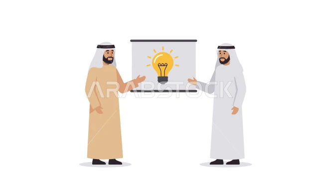 Using the whiteboard to clarify ideas, comfortable work environment in Emirati companies, dialogue and discussion between colleagues, exchanging experiences and information to achieve goals, two Emirati Gulf Arab employees standing inside the company headquarters, white background, Illustrator vector