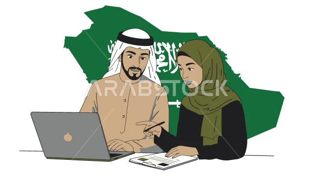 استخدام الحاسوب المحمول في العمل، بيئة العمل المريحة في الشركات الاماراتية، الحوار و النقاش بين الزملاء، تبادل الخبرات والمعلومات لتحقيق الاهداف, موظفان عربيان خليجيان سعوديان يجلسان داخل مقر الشركة، خلفية بيضاء مع علم المملكة،  فيكتور اليستريتور