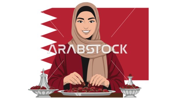 محصول ومنتج زراعي محلي وطني سعودي، امراة عربية خليجية قطرية محجبة ترتدي عباءة وبجانبها طبق من التمر السكري الصحي الطازج, ضيافة رمضانية لذيذة، وجبة ذات قيمة غذائية عالية، حبات الرطب الشهية، خلفية بيضاء, فيكتور اليستريتور