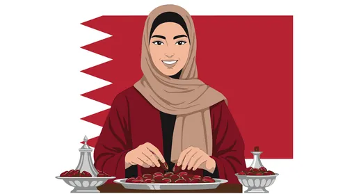 محصول ومنتج زراعي محلي وطني سعودي، امراة عربية خليجية قطرية محجبة ترتدي عباءة وبجانبها طبق من التمر السكري الصحي الطازج, ضيافة رمضانية لذيذة، وجبة ذات قيمة غذائية عالية، حبات الرطب الشهية، خلفية بيضاء, فيكتور اليستريتور