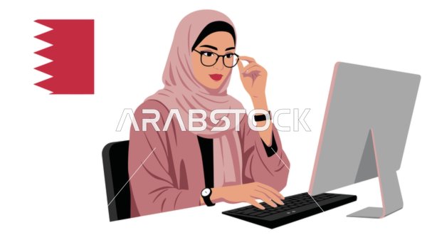 Using a modern and advanced technical device, a veiled Qatari Gulf Arab woman wearing an abaya using a laptop, working remotely, white background with the flag of Qatar, vector illustrator