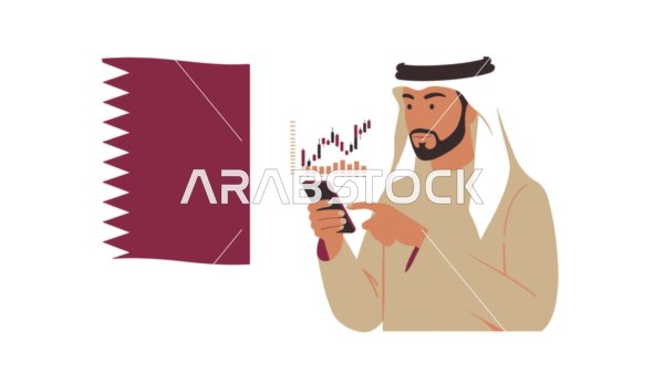 استخدام التقنية والتكنولوجيا، خلفية علم دولة قطر، رجل أعمال عربي خليجي قطري يرتدي الثوب التقليدي يعمل على جهاز الهاتف المحمول، مفهوم الرجولة والاهتمام بالمظهر الخارجي، فيكتور اليستريتور