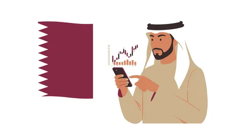 Use of technology, Qatar flag background, Qatari Gulf Arab businessman wearing traditional thobe working on mobile phone, concept of masculinity and concern for outward appearance, vector illustrator