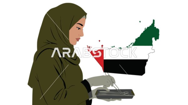 العمل في القطاع الصحي، مفهوم الطب والرعاية الصحية، تقديم الخدمات العلاجية في المراكز الطبية والمستشفيات، طبيبة عربية خليجية اماراتية محجبة ترتدي العباءة تحمل بيدها الادوات الجراحية، خلفية بيضاء، فيكتور اليستريتور