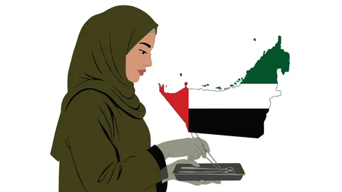 العمل في القطاع الصحي، مفهوم الطب والرعاية الصحية، تقديم الخدمات العلاجية في المراكز الطبية والمستشفيات، طبيبة عربية خليجية اماراتية محجبة ترتدي العباءة تحمل بيدها الادوات الجراحية، خلفية بيضاء، فيكتور اليستريتور