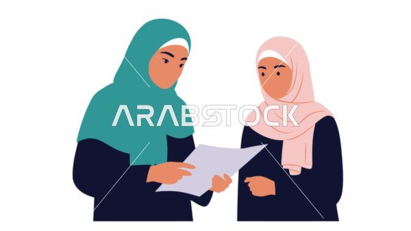 Understanding and cooperation to achieve company goals, comfortable work environment in companies, dialogue and discussion between colleagues, exchange of experiences and information to achieve goals, two Saudi Arabian Gulf female employees standing inside the company headquarters, white background, vector illustrator