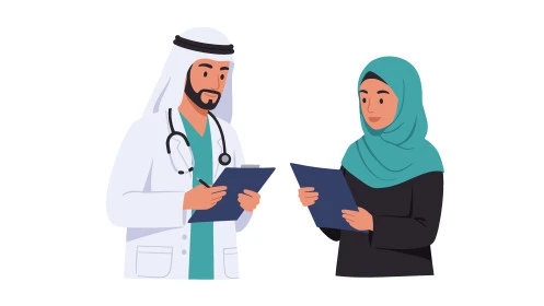 تدوين المعلومات العامة عن حالة المريض، طبيب عربي خليجي سعودي يرتدي  المعطف الطبي ويحمل بيده ملفات المرضى ويقف مع السكرتيرة، اعداد التقارير الطبية ، حسن التعامل مع المراجعين، العمل في القطاع الصحي،  خلفية بيضاء، فيكتور اليستريتور