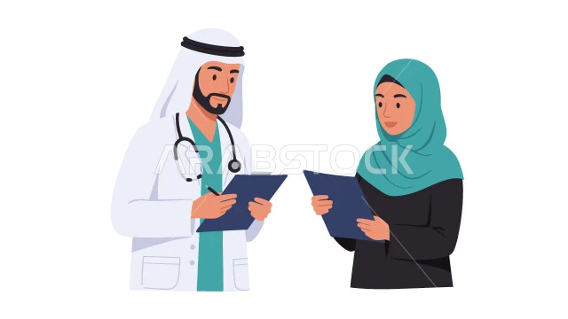 تدوين المعلومات العامة عن حالة المريض، طبيب عربي خليجي سعودي يرتدي  المعطف الطبي ويحمل بيده ملفات المرضى ويقف مع السكرتيرة، اعداد التقارير الطبية ، حسن التعامل مع المراجعين، العمل في القطاع الصحي،  خلفية بيضاء، فيكتور اليستريتور