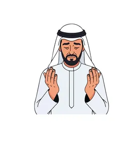 The concept of supplication and humility before God, illustrated with a Gulf Arab man wearing traditional attire, a white thobe and agal, raising his hands in gestures of prayer. Happy New Year, white background, vector illustration.