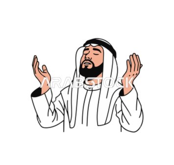 Gestures of supplication and intimacy, the concept of pleading and humility before God, illustrative drawings of an Arab Gulf man wearing traditional attire, a white thobe and agal, raising his hands in gestures of prayer, wishing you all the best, white background, vector illustration.