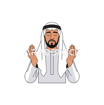 رسوم توضيحية لرجل عربي خليجي سعودي يرتدي الزي التقليدي ثوب أبيض وعقال يرفع يديه بإيماءات الدعاء، مفهوم التضرع والتذلل إلى الله،  كل عام وأنتم بخير،  خلفية بيضاء, فيكتور اليستريتور