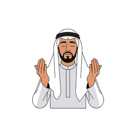 Illustrations of a Saudi Arabian Gulf man wearing traditional attire, a white thobe and agal, raising his hands in gestures of prayer, the concept of supplication and humility to God, wishing you all the best every year, white background, vector illustration.