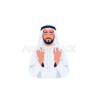 Faith and tranquility, illustrations of a Saudi Arabian Gulf man wearing traditional attire, a white thobe and agal, raising his hands in gestures of prayer, the concept of supplication and humility before God, wishing you all the best every year, white background, vector illustration.