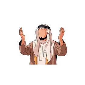 التقوى والتقرب من الله، رسوم توضيحية لرجل عربي خليجي سعودي يرتدي الزي التقليدي ثوب أبيض وعقال مع عباءة خليجية يرفع يديه بإيماءات الدعاء، مفهوم التضرع والتذلل إلى الله،  كل عام وأنتم بخير،  خلفية بيضاء, فيكتور اليستريتور