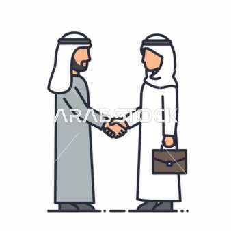 Working in Gulf companies, a business handshake between two Arab individuals, an illustration of two Saudi Arab businessmen wearing traditional thobes and agals, carrying a briefcase, full-body image, white background, vector illustration.