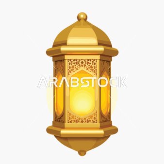 فيكتور لفانوس إسلامي ذهبي تقليدي بزخارف هندسية معقدة، ينبعث منه ضوء أصفر دافئ، يستخدم غالبًا خلال احتفالات رمضان، زينة ومناسبات دينية، خلفية بيضاء، فيكتور اليستريتور