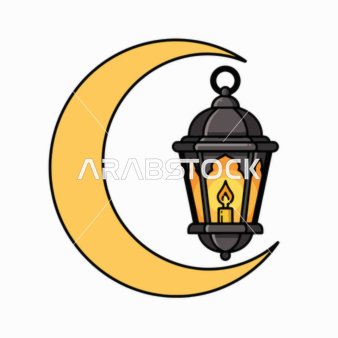 A vector of a traditional golden Islamic crescent and lantern with decorations inside, a candle emitting a warm yellow light, often used during Ramadan celebrations, decorations, and religious occasions, white background, vector illustrator.