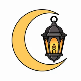 A vector of a traditional golden Islamic crescent and lantern with decorations inside, a candle emitting a warm yellow light, often used during Ramadan celebrations, decorations, and religious occasions, white background, vector illustrator.