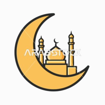 قالب تصميم رمضاني، رسم رمز المسجد الإسلامي وقمر الهلال، يستخدم غالبًا خلال احتفالات رمضان، زينة ومناسبات دينية، خلفية بيضاء، فيكتور اليستريتور