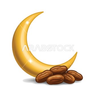 Ramadan design template, illustration of a golden crescent with dates, often used during Ramadan celebrations, decorations, and religious occasions, white background, vector illustration.