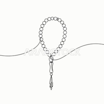 A simple line drawing of a prayer bead with a tassel, symbolizing spirituality and meditation, isolated, often used during Ramadan celebrations, decorations, and religious occasions, white background, vector illustration.
