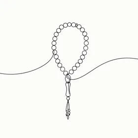 A simple line drawing of a prayer bead with a tassel, symbolizing spirituality and meditation, isolated, often used during Ramadan celebrations, decorations, and religious occasions, white background, vector illustration.