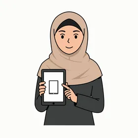 A cartoon drawing of a woman wearing a hijab and an abaya pointing to a tablet screen displaying a square icon, educational purposes, depicting knowledge and learning, isolated, white background, vector illustration.