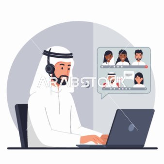 العمل عن بعد، رجل عربي يرتدي الزي التقليدي وسماعة رأس يشارك في مؤتمر فيديو افتراضي على جهاز كمبيوتر محمول من مكتبه ، الاهتمام بالأناقة والمظهر الخارجي، يصور المعرفة والتعلم ،معزولة، خلفية بيضاء، فيكتور اليستريتور