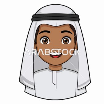 A cartoon drawing of a Saudi Arabian Gulf man smiling, wearing traditional attire of a white thobe and ghutrah, with an emphasis on elegance and appearance, depicting knowledge and learning, isolated, with a white background, vector illustration.