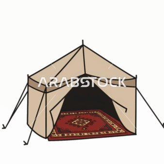 الجلسات الشعبية الهادئة، رحلة تخييم برية في الصحراء، رسم توضيحي لخيمة قماشية مع سجادة حمراء داخلية في منظر طبيعي صحراوي،  خلفية بيضاء،  فيكتور اليستريتور