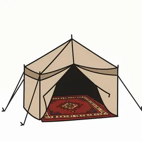 Quiet popular gatherings, a wild camping trip in the desert, an illustration of a fabric tent with a red interior carpet in a desert landscape, white background, vector illustration.