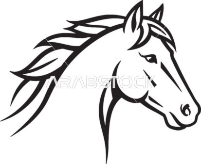 For coloring or educational purposes, a black and white illustration of a horse's head in profile with a flowing mane, white background, vector illustration.