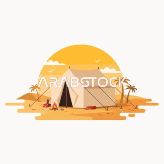 رحلة تخييم برية في الصحراء، رسم توضيحي لخيمة المخيم في منظر طبيعي صحراوي عند غروب الشمس المناظر الطبيعية و الكثبان الرملية الناعمة في الأجواء الهادئة،  خلفية بيضاء،  فيكتور اليستريتور