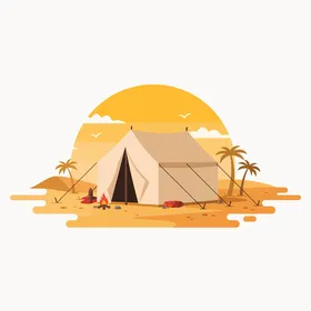 رحلة تخييم برية في الصحراء، رسم توضيحي لخيمة المخيم في منظر طبيعي صحراوي عند غروب الشمس المناظر الطبيعية و الكثبان الرملية الناعمة في الأجواء الهادئة،  خلفية بيضاء،  فيكتور اليستريتور
