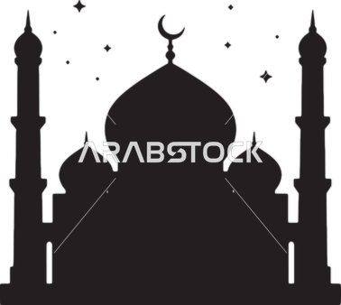 نداء المسلمين لأداء العبادات والفرائض,عبادة وتقرب من الله، رسم توضيحي باللونين الأبيض والأسود  لمسجد على خلفية سماء الليل، صورة ظلية،  فيكتور اليستريتور