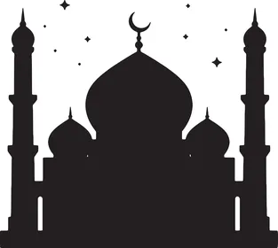 نداء المسلمين لأداء العبادات والفرائض,عبادة وتقرب من الله، رسم توضيحي باللونين الأبيض والأسود  لمسجد على خلفية سماء الليل، صورة ظلية،  فيكتور اليستريتور