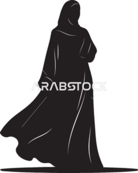 The concept of softness, femininity, and attention to appearance, an illustration in black and white of a woman wearing a hijab and abaya, silhouette, vector illustration.