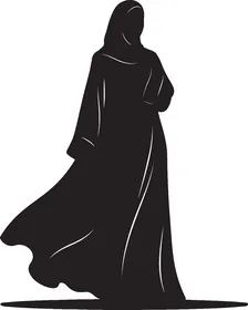 The concept of softness, femininity, and attention to appearance, an illustration in black and white of a woman wearing a hijab and abaya, silhouette, vector illustration.