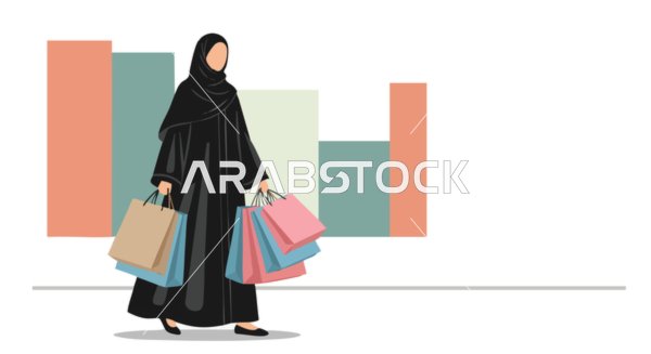 The concept of softness and femininity in the shopping city, an illustration of an Arab Gulf Saudi Muslim woman wearing an abaya and hijab shopping and carrying many colorful paper bags, vector illustration.