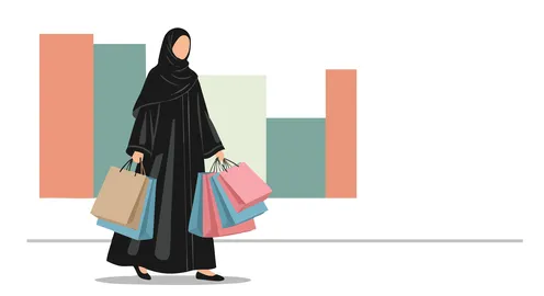 مفهوم النعومة والأنوثة في مدينة التسوق، رسم توضيحي امرأة عربية خليجية سعودية مسلمة ترتدي العباءة والحجاب تتسوق وتحمل العديد من الحقائب الورقية الملونة،  فيكتور اليستريتور