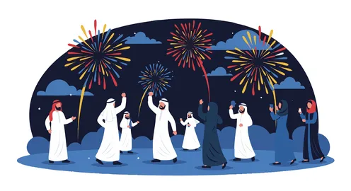 The concept of celebration and joy and bringing happiness, an illustration of a Middle Eastern family celebrating a specific occasion, the light of fireworks, vector illustration.