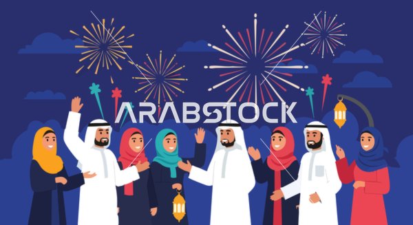 مفهوم الاحفال والبهجة وإدخال السرور، رسم توضيحي لعائلة الشرق الأوسط تحتفل بمناسبة معينة، ضوء الألعاب النارية،  فيكتور اليستريتور