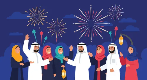 مفهوم الاحفال والبهجة وإدخال السرور، رسم توضيحي لعائلة الشرق الأوسط تحتفل بمناسبة معينة، ضوء الألعاب النارية،  فيكتور اليستريتور